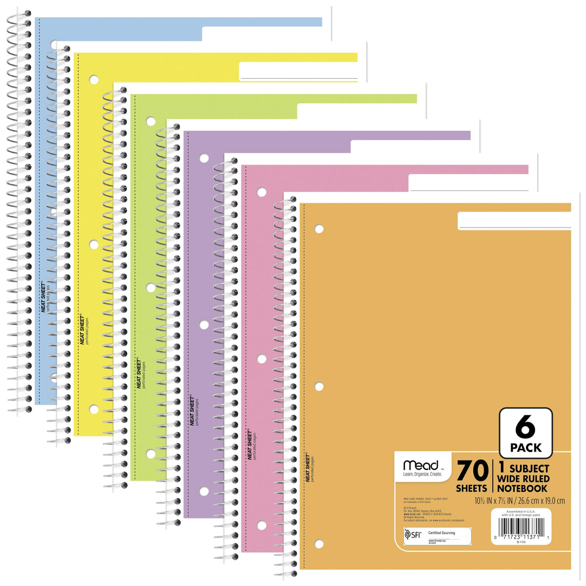 Mead Spiral Notebook, 6 Pack, 1 Subject, College Ruled Paper, 7-1/2" x 10-1/2", 70 Sheets per Notebook, Assorted Pastel Colors (830049)