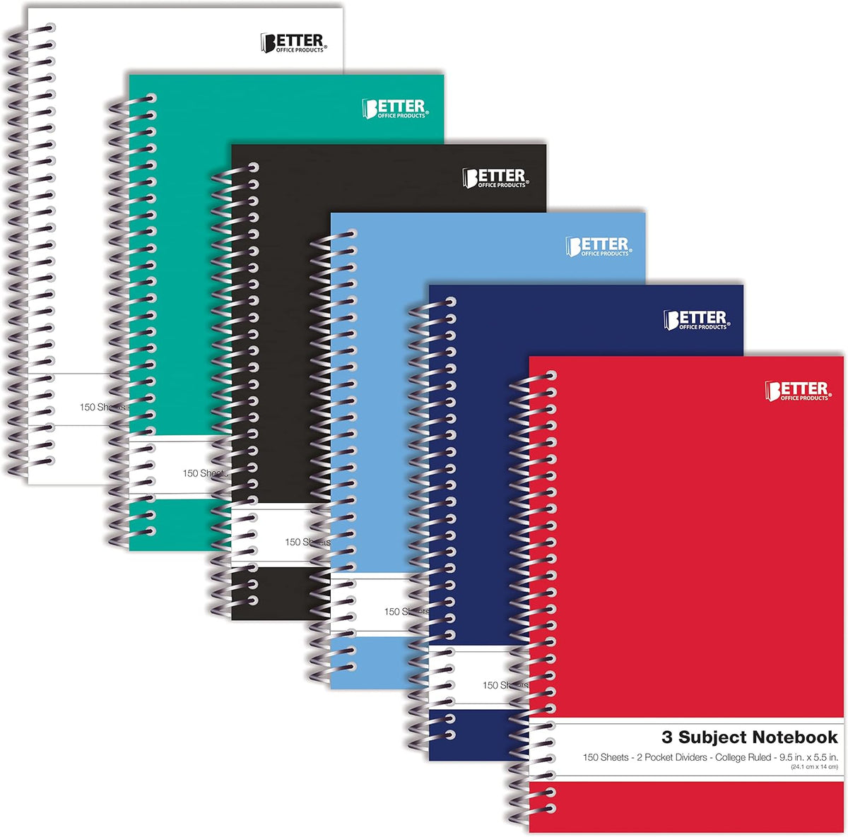 Better Office Products 3 Subject Spiral Notebooks, 9.5 x 5.5 inch, 6 Pack, 150 Sheet Notebook with 2 Double-Sided Pocket Dividers, Assorted Solid Color Covers (College Ruled)