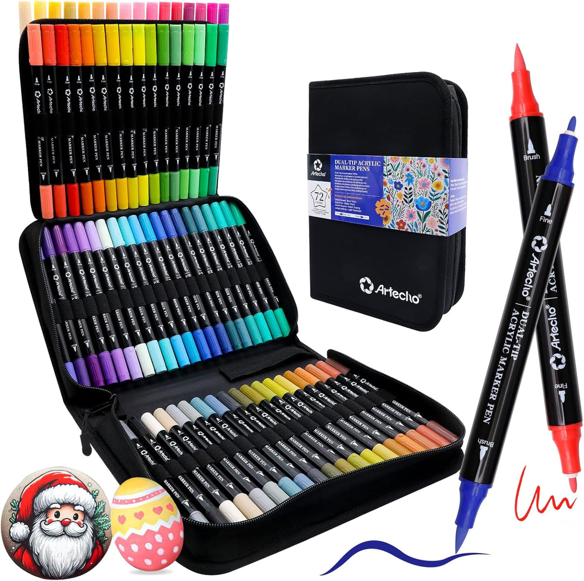 Artecho Acrylic Paint Markers 72 Colors with Bag（ Brush Tip and Fine Tip ）