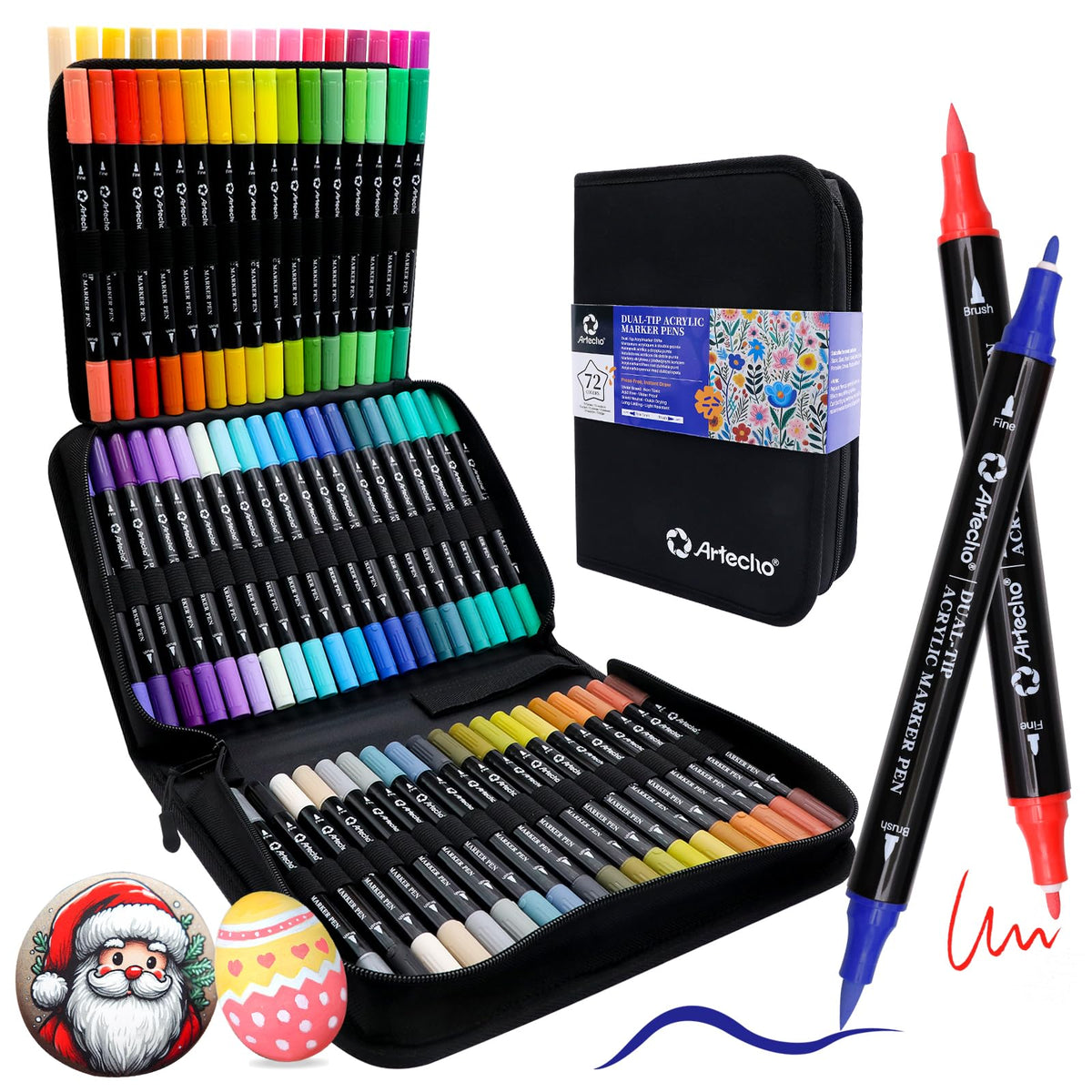Artecho Acrylic Paint Markers 72 Colors with Bag（ Brush Tip and Fine Tip ）