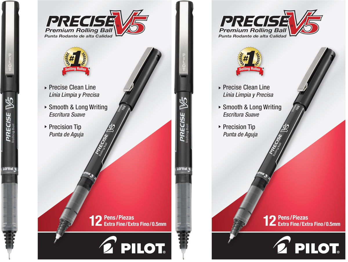 PILOT Precise V5, Extra Fine Point 0.5 mm Black Pens, Black, Pack of 12