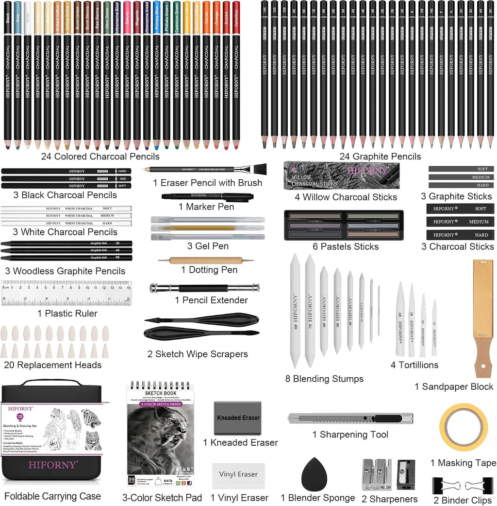 HIFORNY 126 PCS Drawing Kit Sketching Pencil Set,Sketch Pencils Art Supplies with 3-Color Sketchbook,Graphite,Charcoal,Blending Tools,Drawing Pencils for Adults Artists in Zipper Case