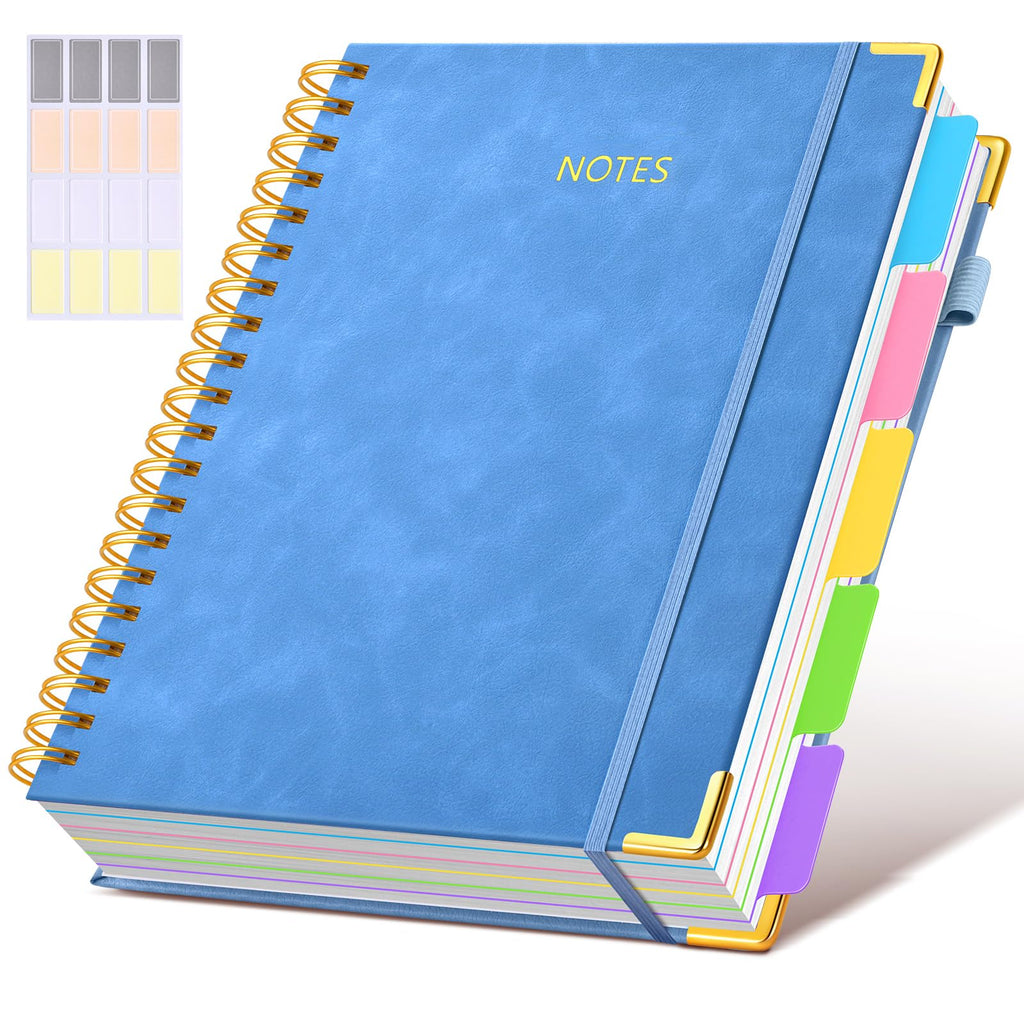 Hardcover Spiral Notebook journal with Removable Dividers Tabs, 300 Pages Leather 5 Subject Notebook College Ruled, 8"x10" Large B5 Notebooks for Work School Note taking, Lined Journal for Women,Black