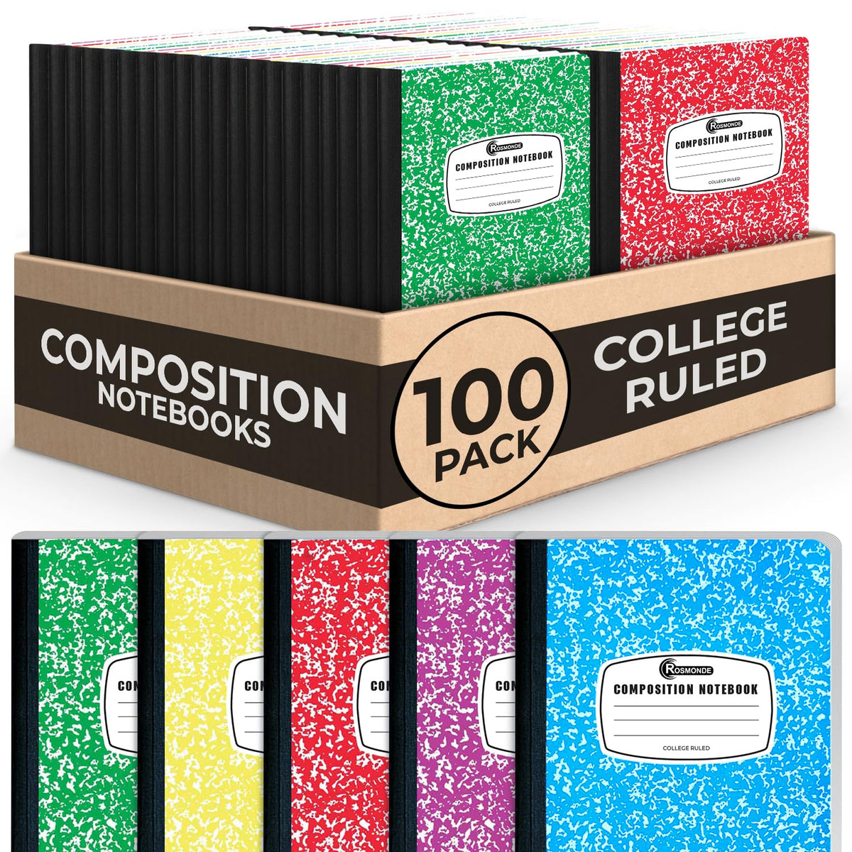 Rosmonde 5 Pack Composition Notebooks College Ruled, Color Marble Notebooks