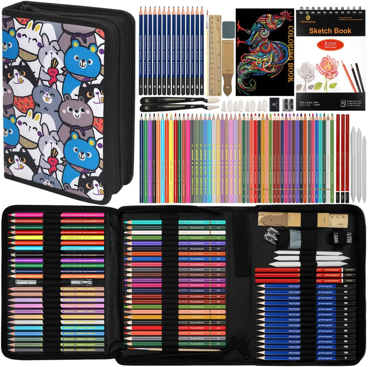 99 PCS Drawing Set, with 50 Page Drawing Pad, Coloring Book,Sketching, Graphite, Charcoal, Coloring Pencils, Blending Tools, Art Supplies Pencil Kit for Artists Adults Beginner Family Friends