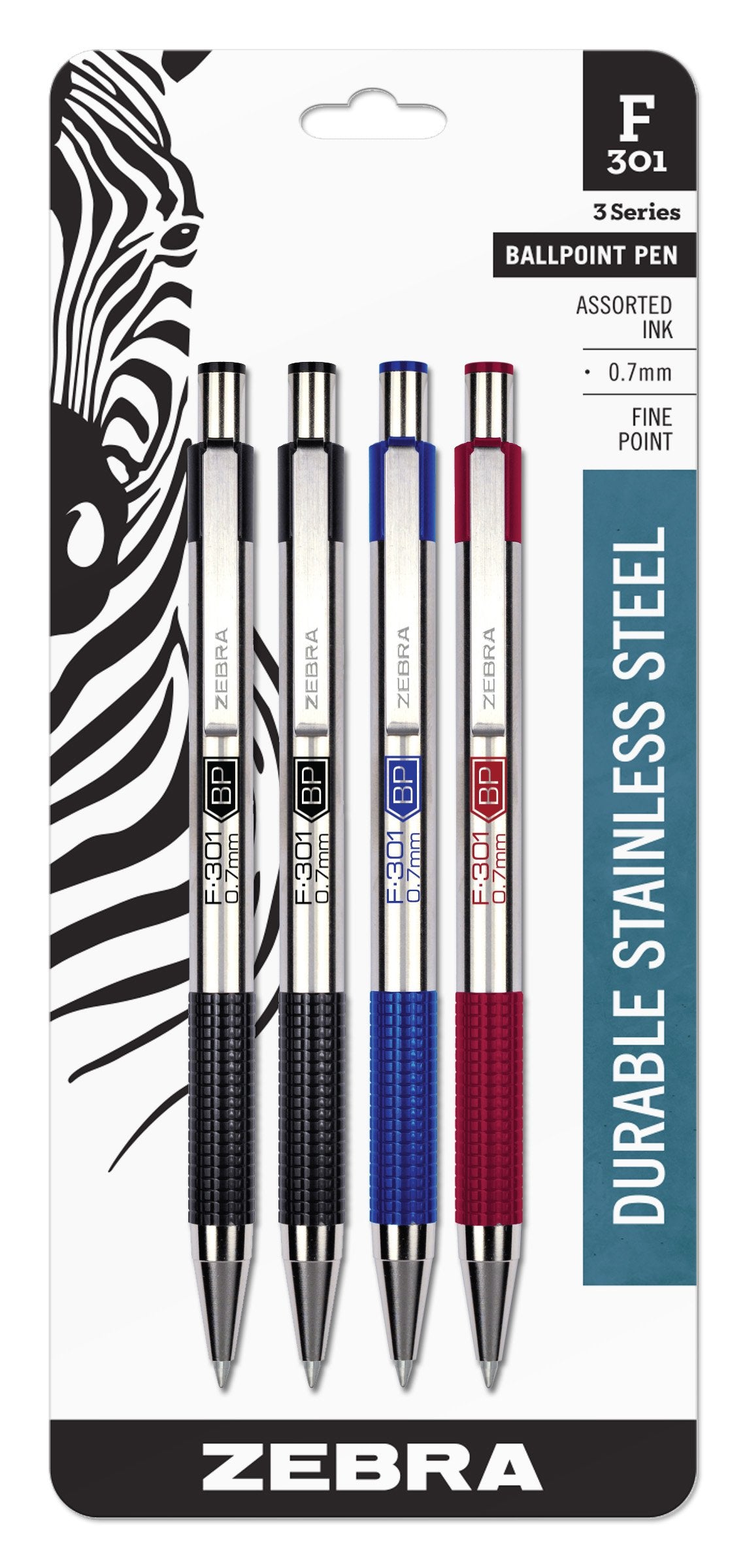 Zebra Pen STEEL F-301 Retractable Ballpoint Pen, Black Ink, 0.7mm, 4-Pack