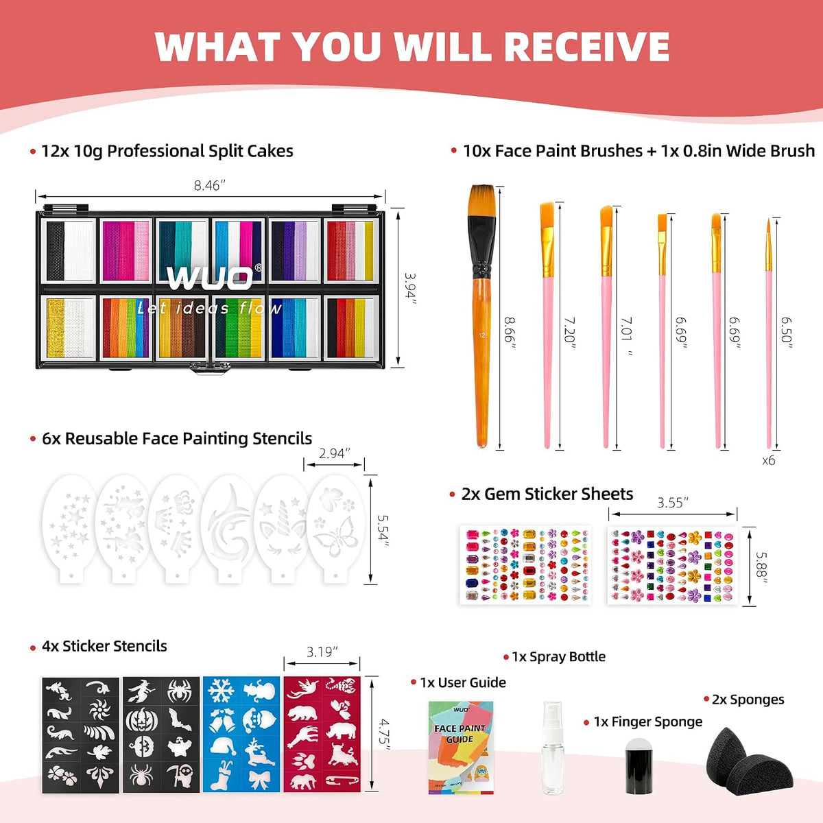 WUO Professional Face Painting Kit for Kids, 12x10g Split Cake Palette