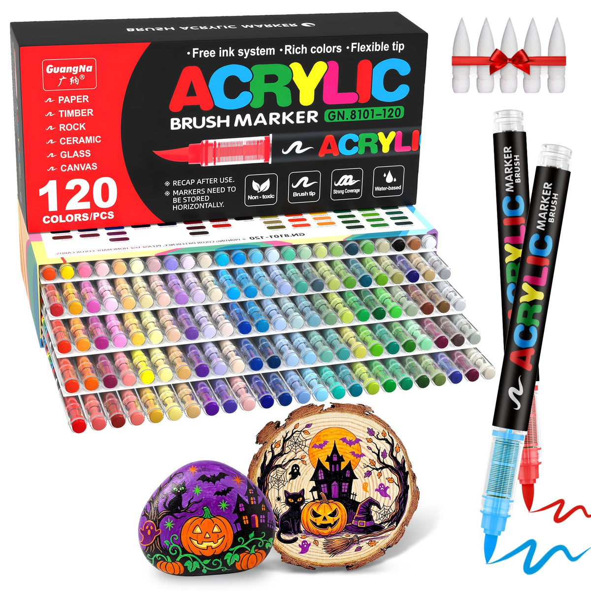 Guangna Acrylic Paint Markers Brush Tip, 72 Vivid Colors with Direct-Liquid Ink Control System, Professional-Grade Paint Pen for Rock Painting, Canvas, Glass, Plastic, Fabric & Creative Crafts