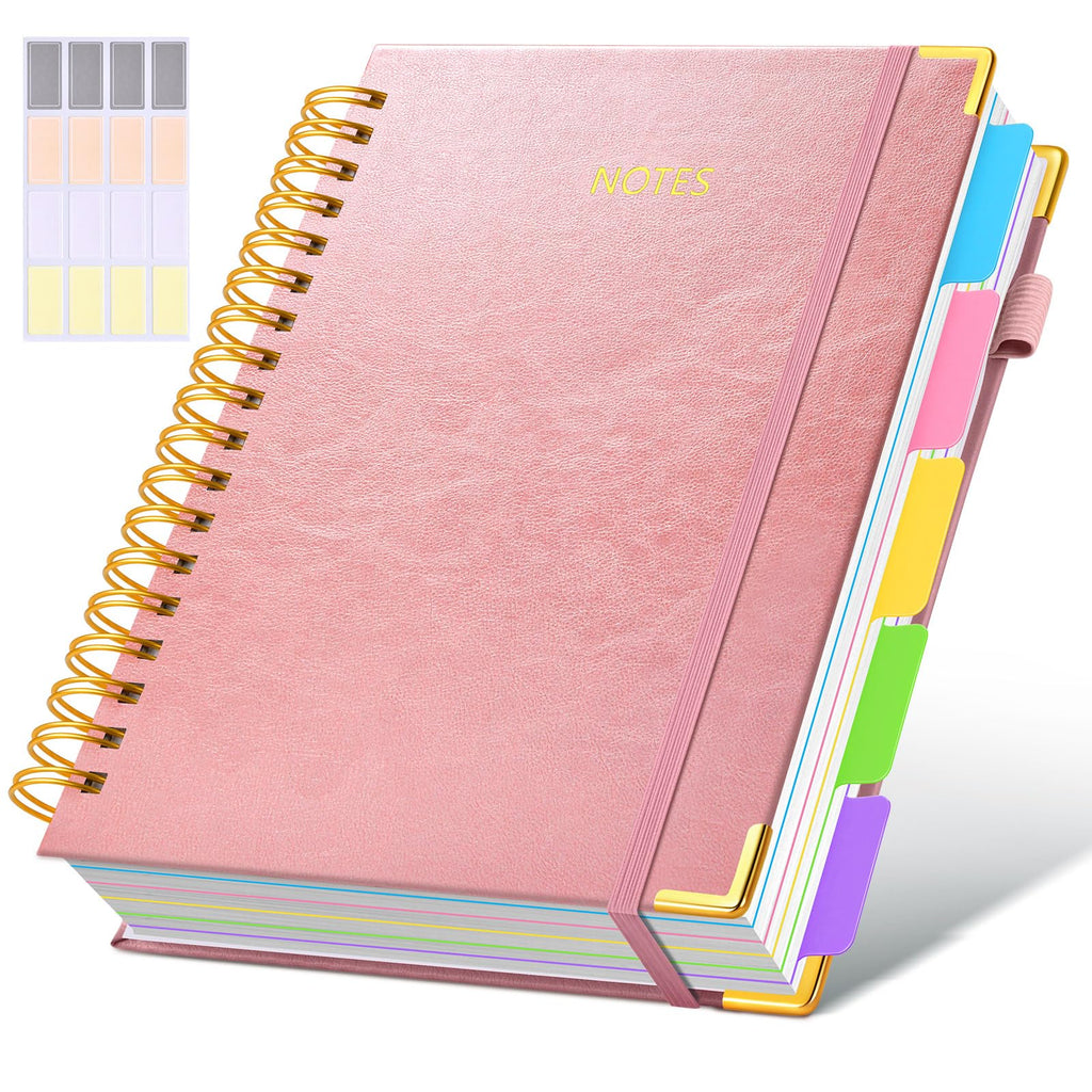 Hardcover Spiral Notebook journal with Removable Dividers Tabs, 300 Pages Leather 5 Subject Notebook College Ruled, 8"x10" Large B5 Notebooks for Work School Note taking, Lined Journal for Women,Black
