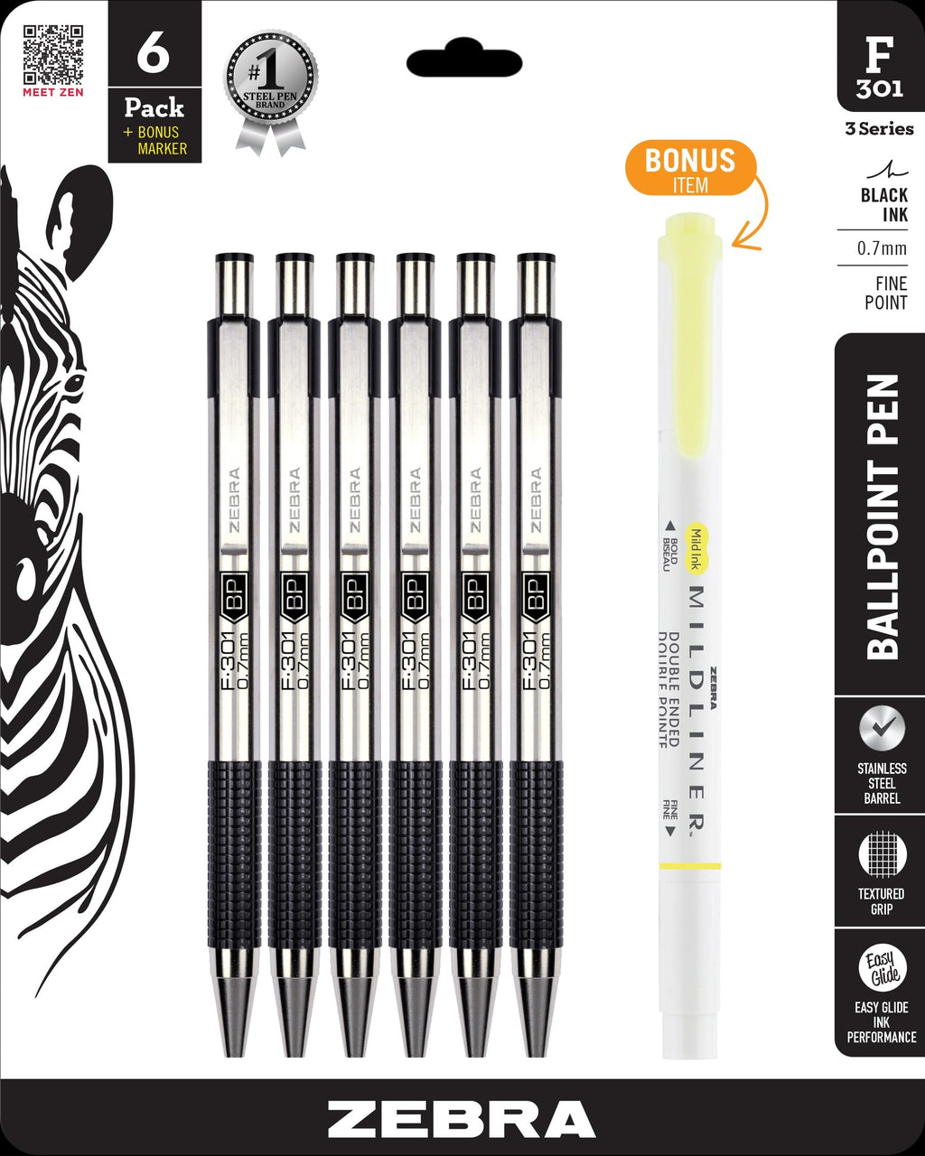 Zebra Pen STEEL F-301 Retractable Ballpoint Pen, Black Ink, 0.7mm, 12-Pack