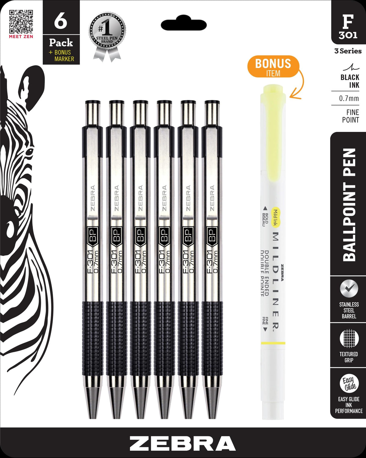 Zebra Pen STEEL F-301 Retractable Ballpoint Pen, Black Ink, 0.7mm, 12-Pack