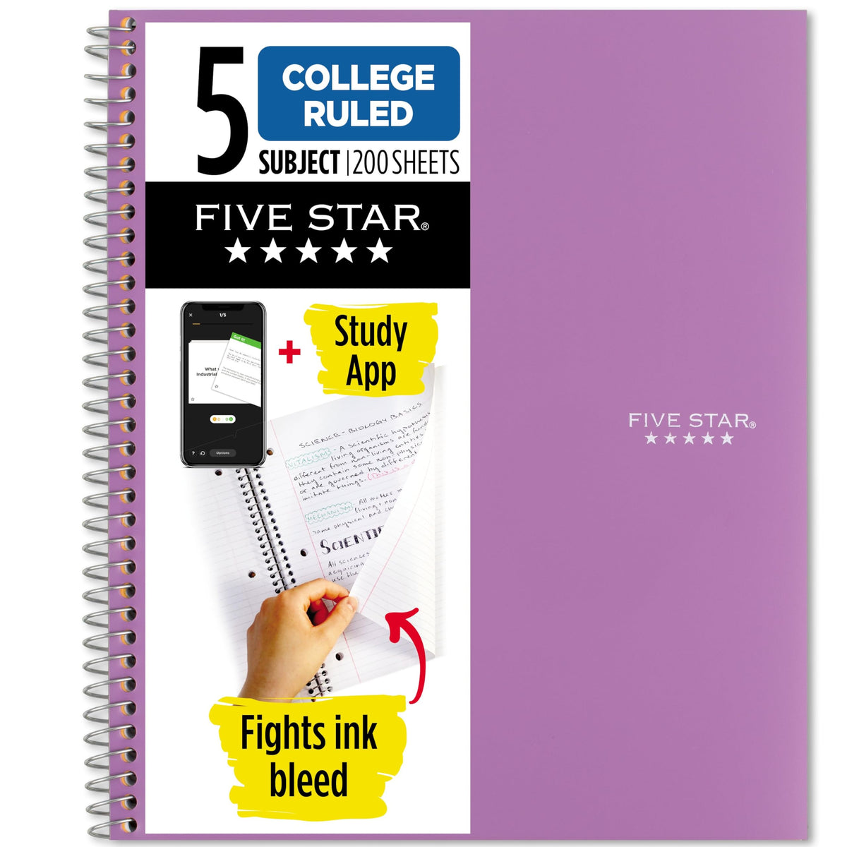 Five Star Spiral Notebook + Study App, 6 Pack, 5 Subject, College Ruled Paper, Fights Ink Bleed, Water Resistant Cover, 8-1/2" x 11", 200 Sheets, Assorted Colors (73793)