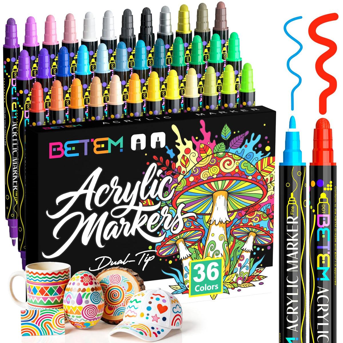 Betem 24 Colors Dual Tip Acrylic Paint Markers, Fabric Decorating Kits