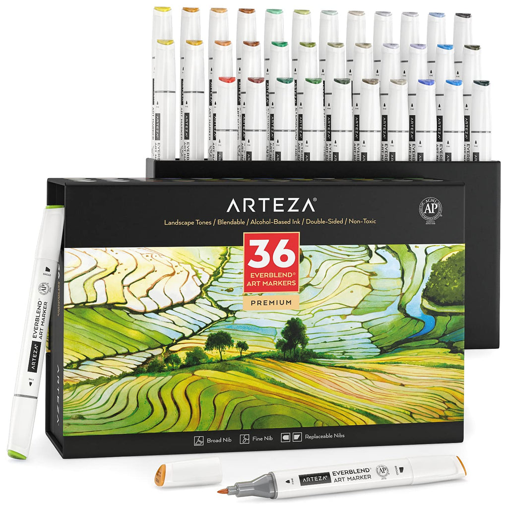 ARTEZA Alcohol Markers – Set of 36 Portrait & Skin Tone EverBlend Dual Tip Markers with Fine and Chisel Nibs and Organizer Box for Drawing