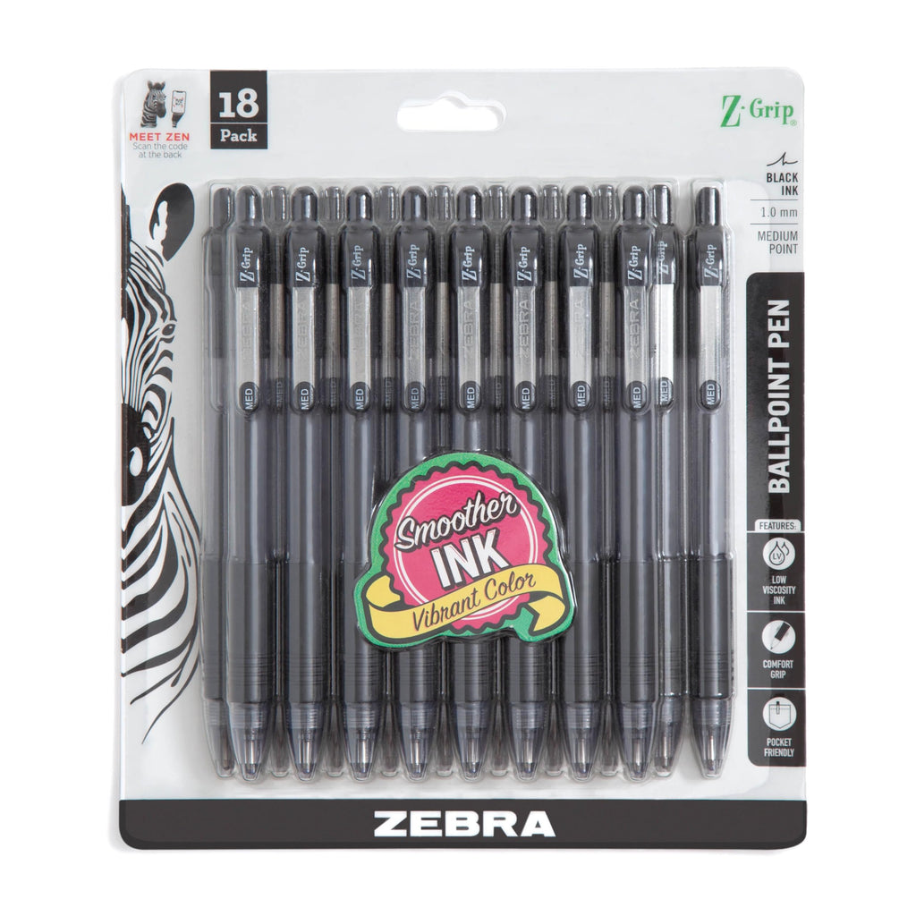Zebra Pen Z-Grip Retractable Ballpoint Pen, Black Ink, 1.0mm, 18-Pack