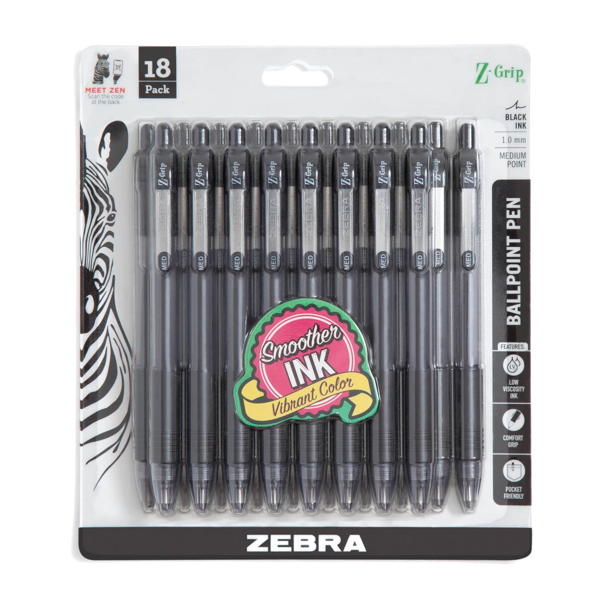 Zebra Pen Z-Grip Retractable Ballpoint Pen, Black Ink, 1.0mm, 18-Pack