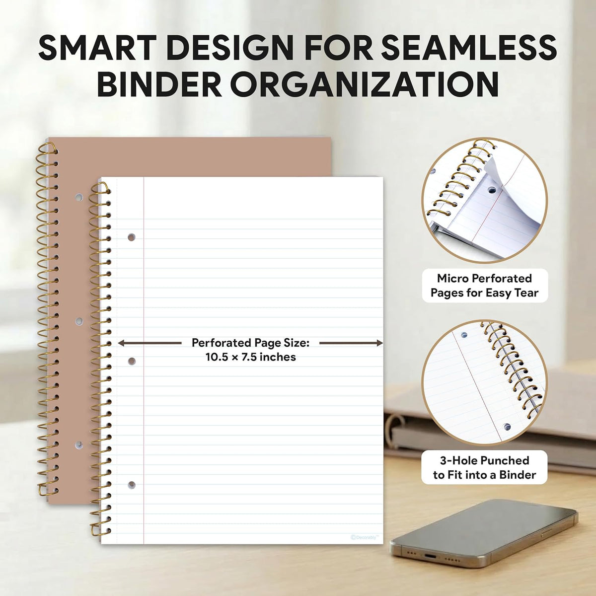 Decorably 5-Pack 70 sheets (140 Pages) Gold Foiled Spiral College Ruled Notebook Set
