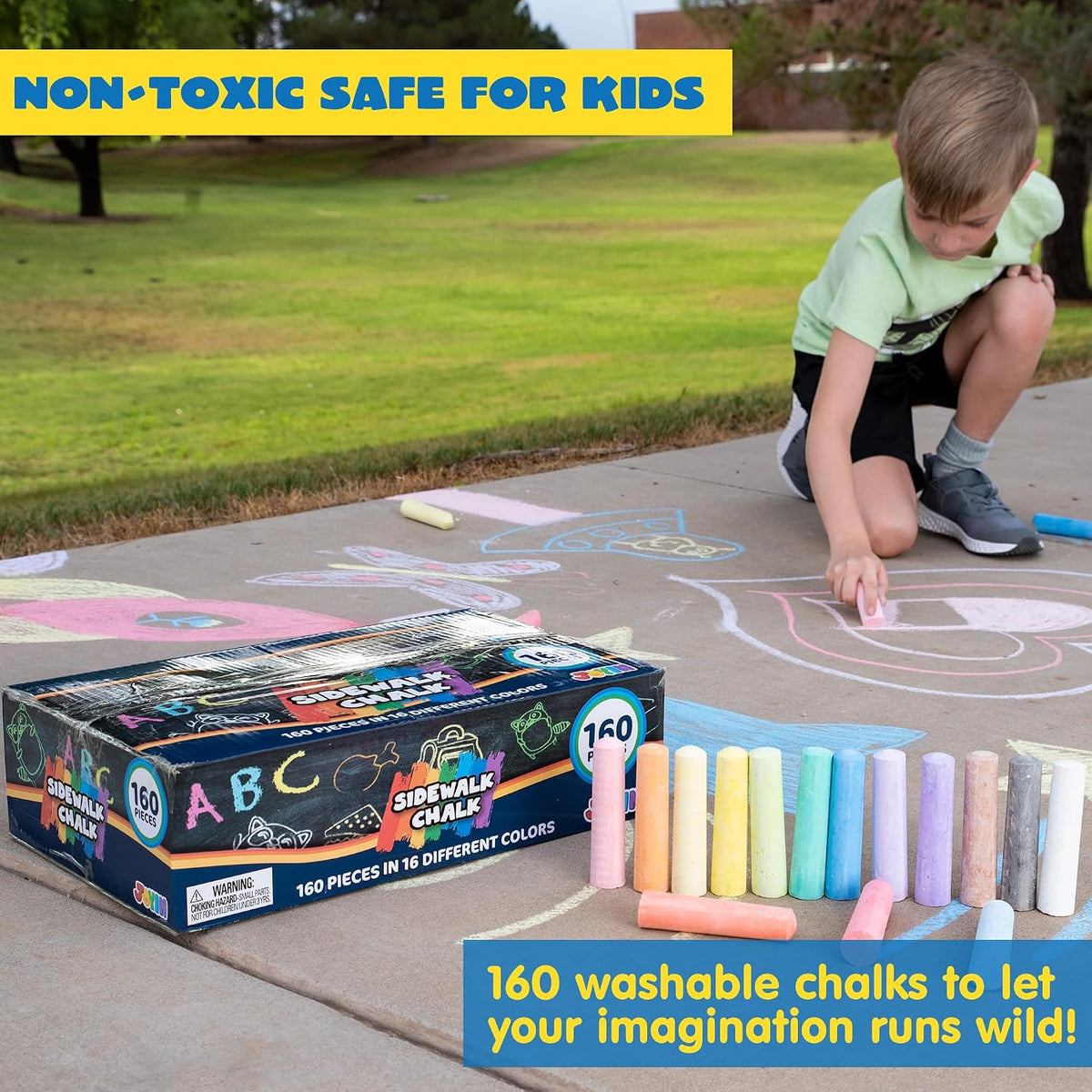 JOYIN 160 PCS Sidewalk Chalks Set-16 Colors Non-Toxic Washable Jumbo Chalk for Outdoor Art Play, Painting on Chalkboard, Blackboard and Playground
