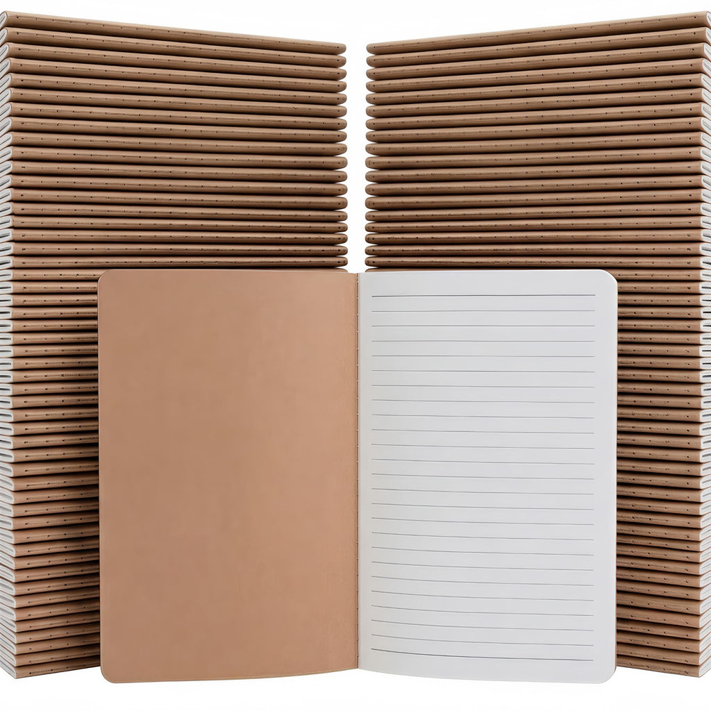 VMK 50 Pack A5 Wide Ruled Lay Flat Notebooks Bulk, Kraft Brown Softcover