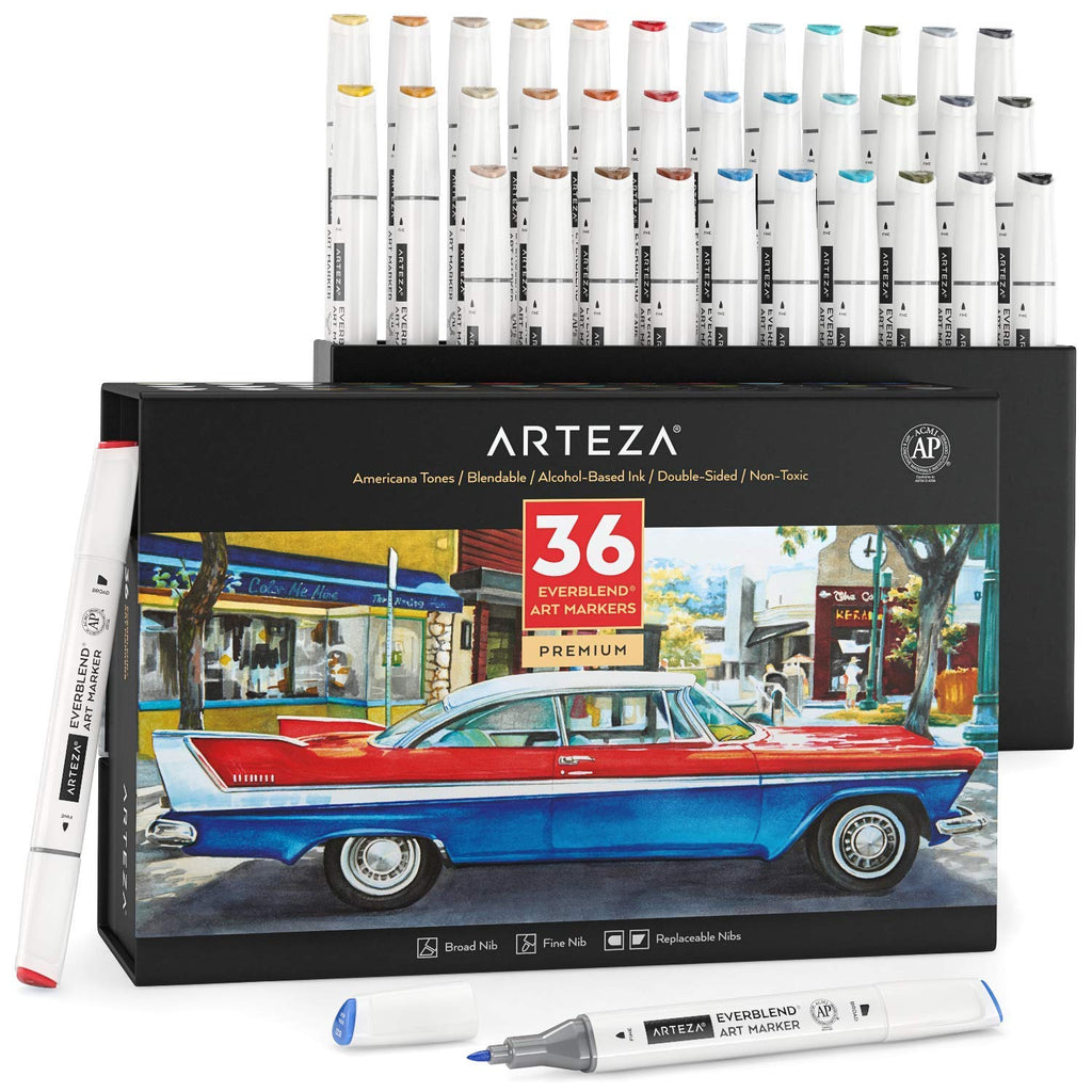 ARTEZA Alcohol Markers – Set of 36 Portrait & Skin Tone EverBlend Dual Tip Markers with Fine and Chisel Nibs and Organizer Box for Drawing