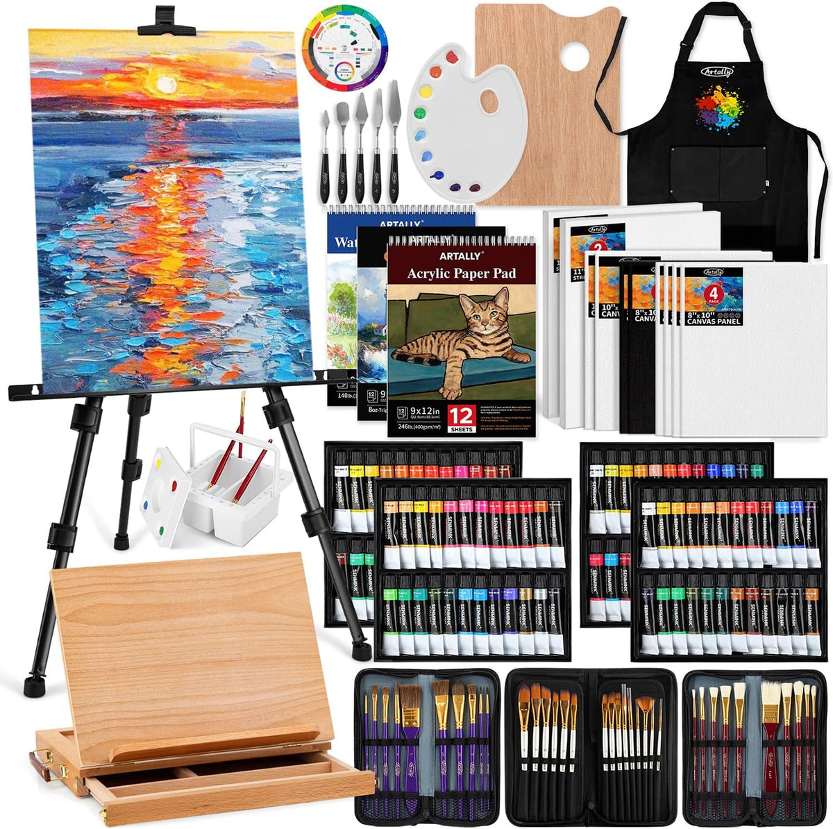 187Pcs Professional All-in-One Art Painting Kit with Aluminum & Beech Wood Easel, 96 Acrylic, Watercolor & Oil Paint Set, Complete Art Supplies Painting Set for Adults, Artists, Beginners