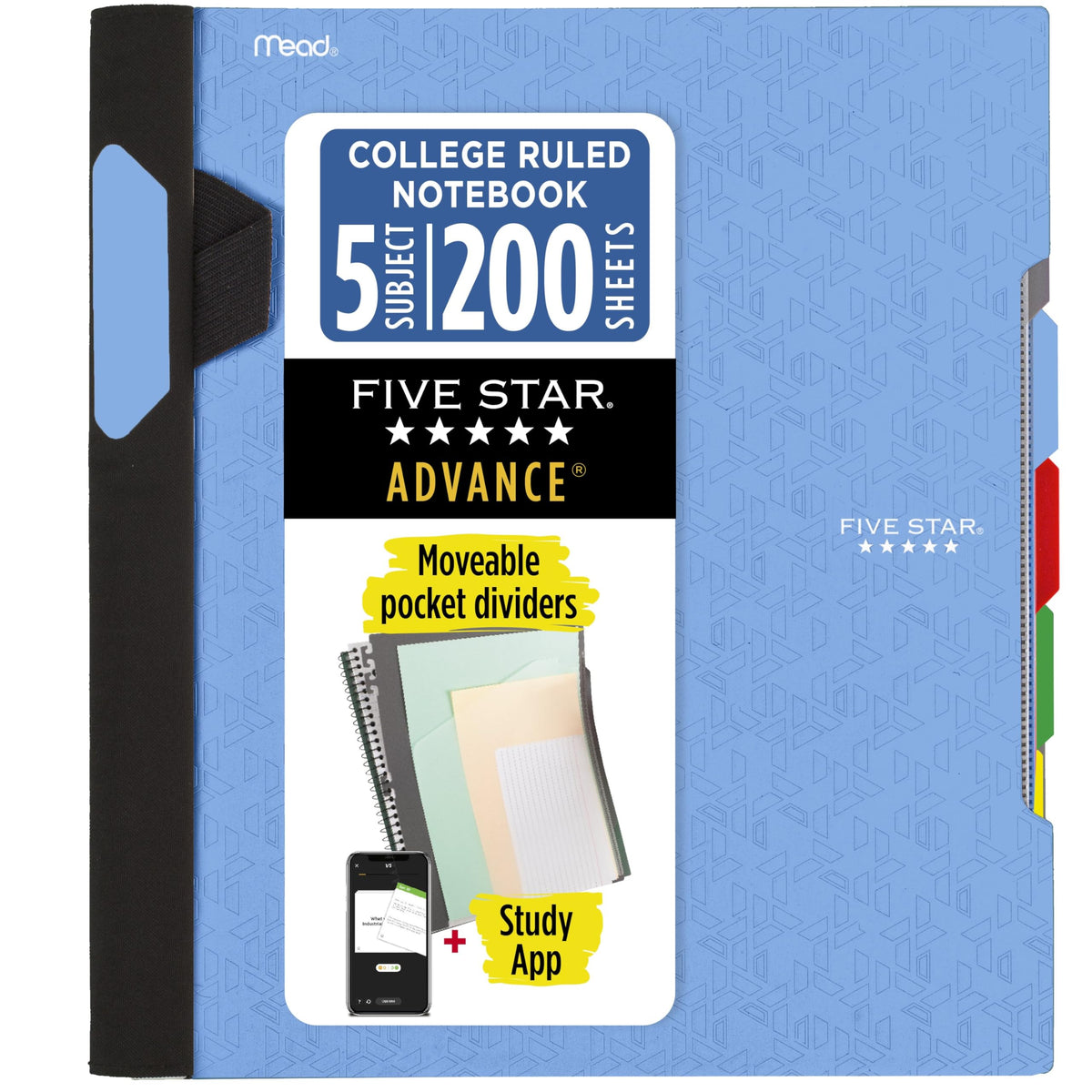 Five Star Advance Spiral Notebook + Study App, 5 Subject, College Ruled Paper, 8-1/2" x 11", 200 Sheets, Spiral Guard, Movable Tabbed Dividers, Fire Red (73146)