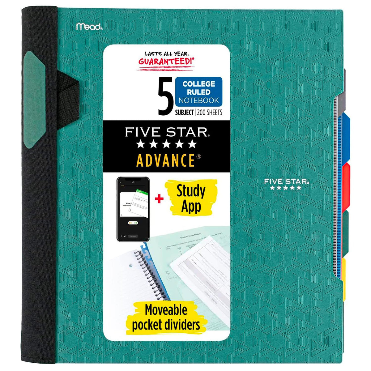 Five Star Advance Spiral Notebook + Study App, 5 Subject, College Ruled Paper, 8-1/2" x 11", 200 Sheets, Spiral Guard, Movable Tabbed Dividers, Fire Red (73146)