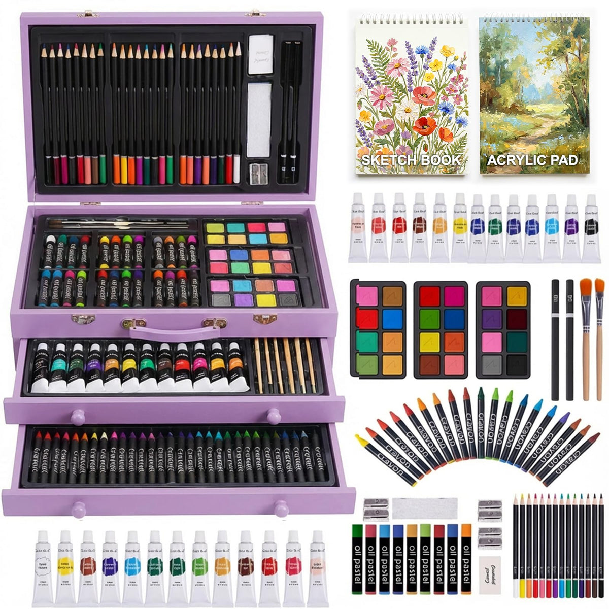 TMOL Art Supplies, 175-Pack Deluxe Art Set Drawing Painting Kit with 2 Drawing Pads, Acrylic Paints, Colored Pencils, Crayons, Art Kit in Wooden Case, Gift for Artist, Adults, Teens and Kids