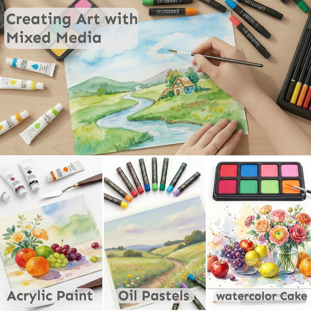 TMOL Art Supplies, 175-Pack Deluxe Art Set Drawing Painting Kit with 2 Drawing Pads, Acrylic Paints, Colored Pencils, Crayons, Art Kit in Wooden Case, Gift for Artist, Adults, Teens and Kids