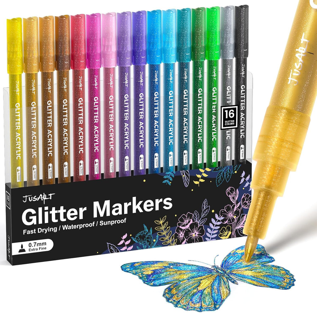 JusArt 16 Colors Glitter Markers, Glitter Pens, 0.7mm Acrylic Paint Markers
