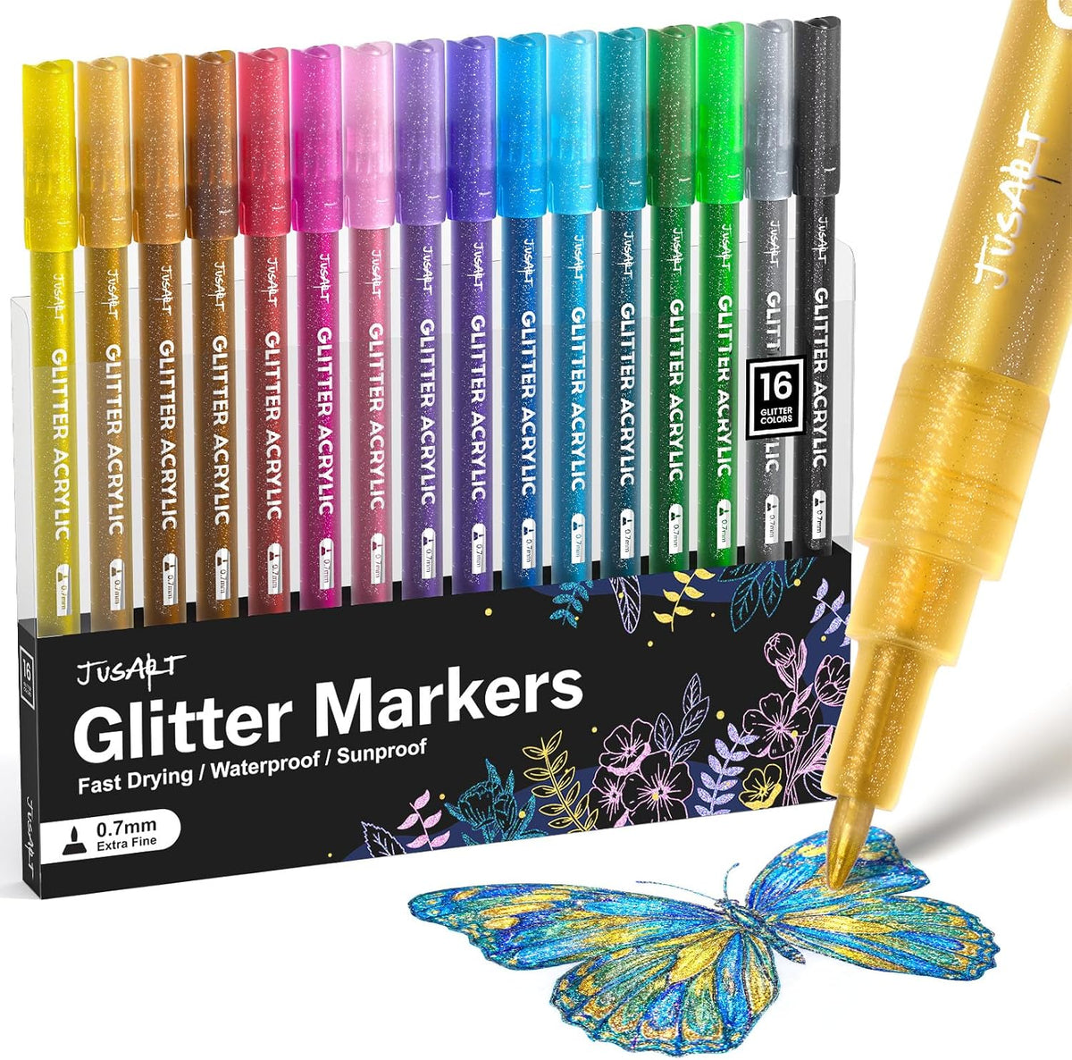 JusArt 16 Colors Glitter Markers, Glitter Pens, 0.7mm Acrylic Paint Markers