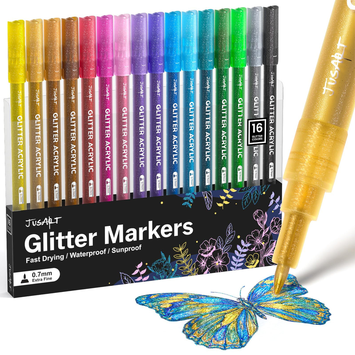 JusArt 16 Colors Glitter Markers, Glitter Pens, 0.7mm Acrylic Paint Markers