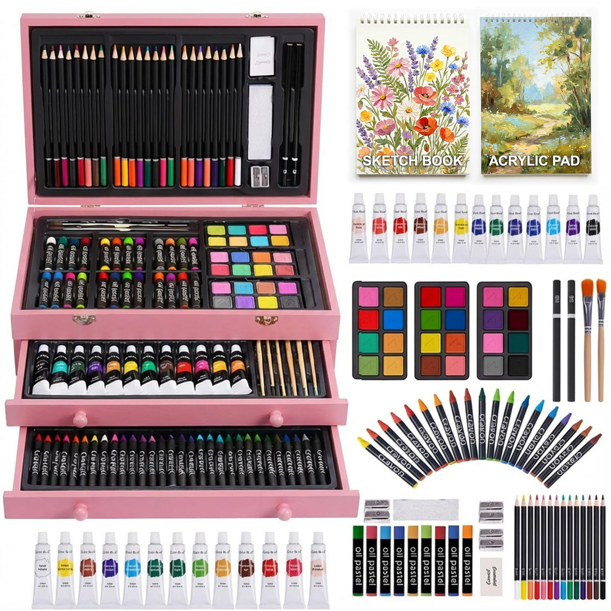 TMOL Art Supplies, 175-Pack Deluxe Art Set Drawing Painting Kit with 2 Drawing Pads, Acrylic Paints, Colored Pencils, Crayons, Art Kit in Wooden Case, Gift for Artist, Adults, Teens and Kids