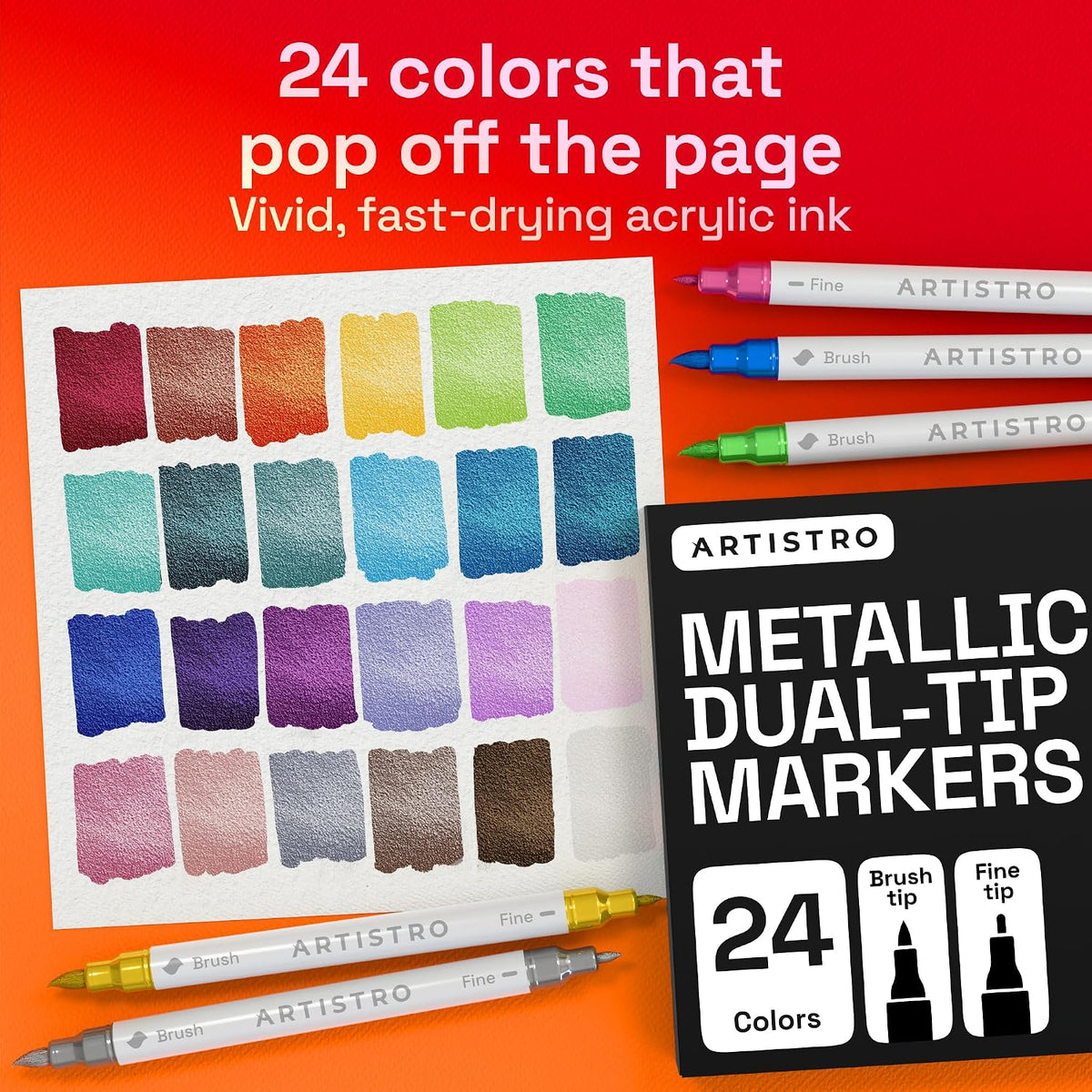 ARTISTRO 24 Metallic Dual-Tip Acrylic Paint Marker Pens for Drawing