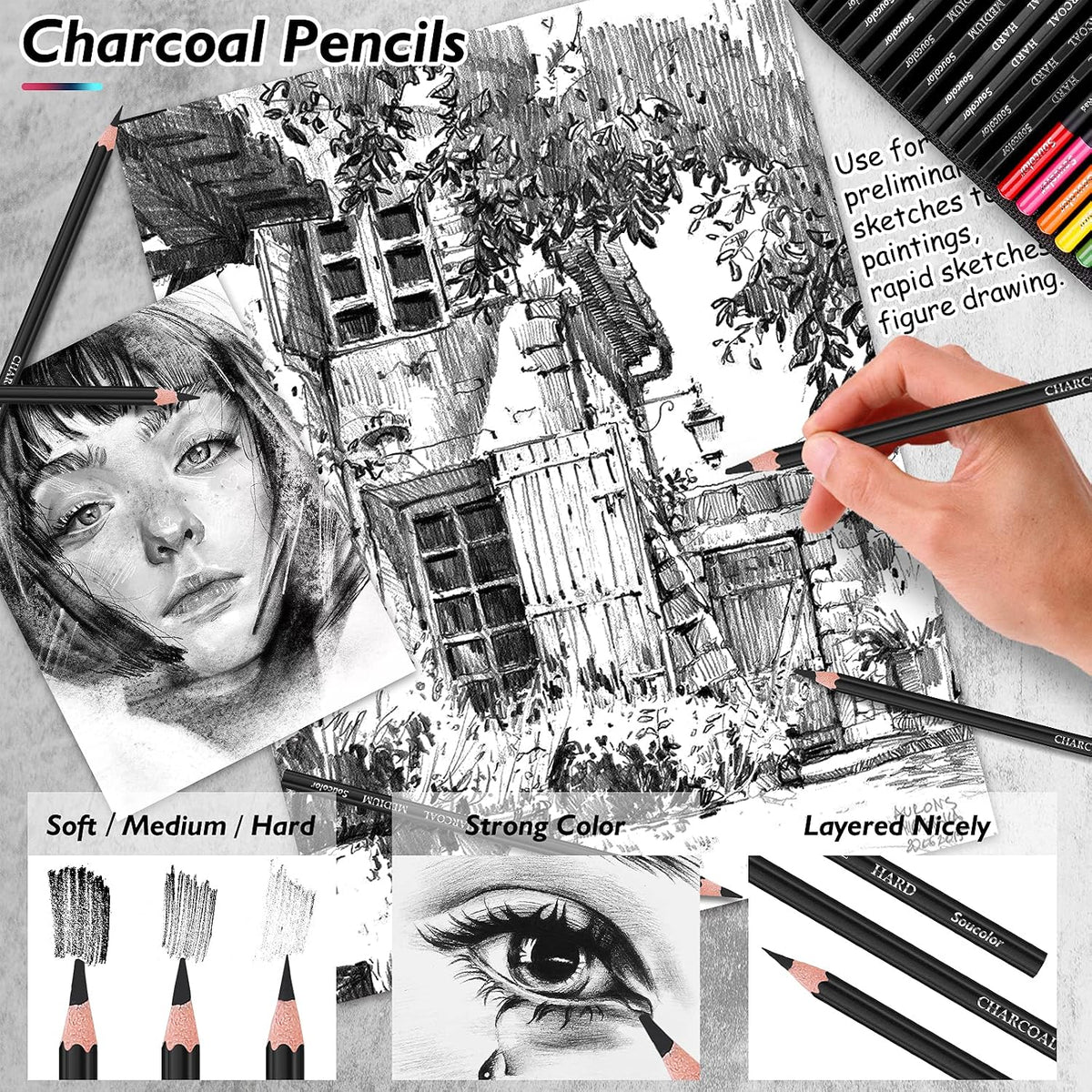 Soucolor 73Pcs Art Supplies Drawing Kit Sketch Pencils Set Adults Gift