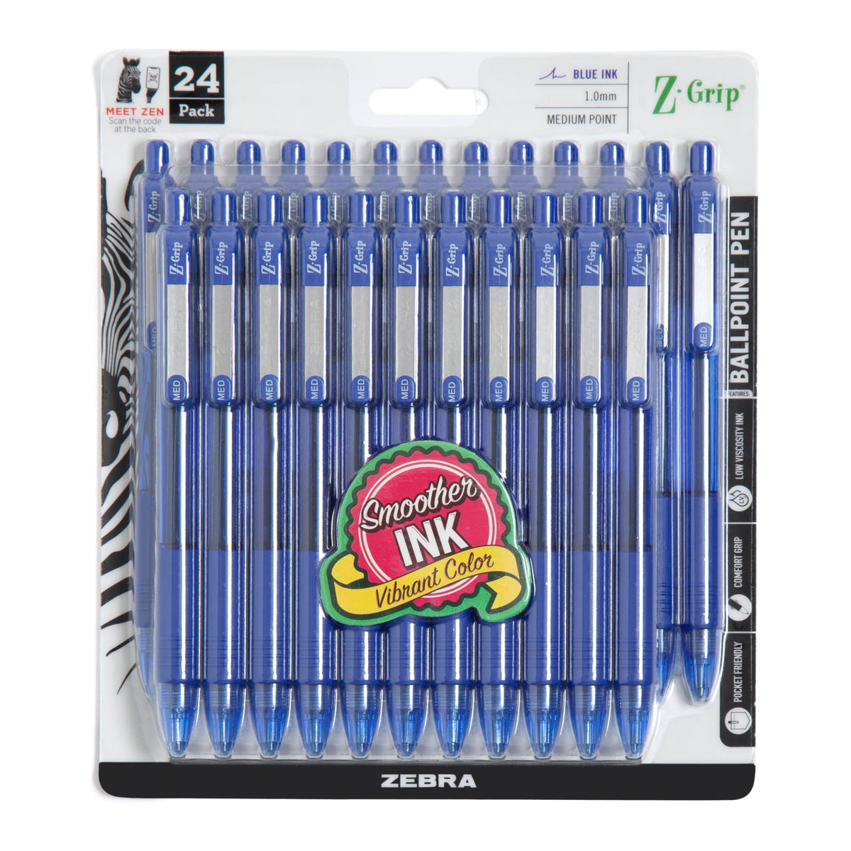 Zebra Pen Z-Grip Retractable Ballpoint Pen, Black Ink, 1.0mm, 18-Pack