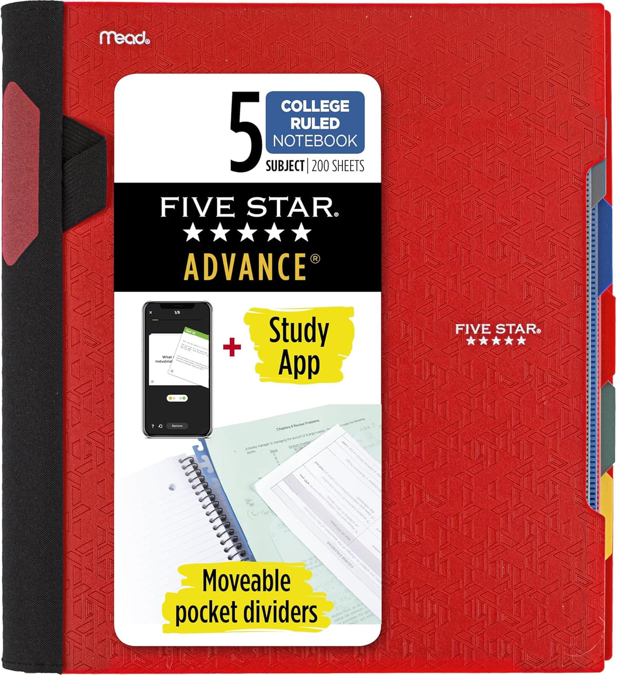 Five Star Advance Spiral Notebook + Study App, 5 Subject, College Ruled Paper, 8-1/2" x 11", 200 Sheets, Spiral Guard, Movable Tabbed Dividers, Fire Red (73146)