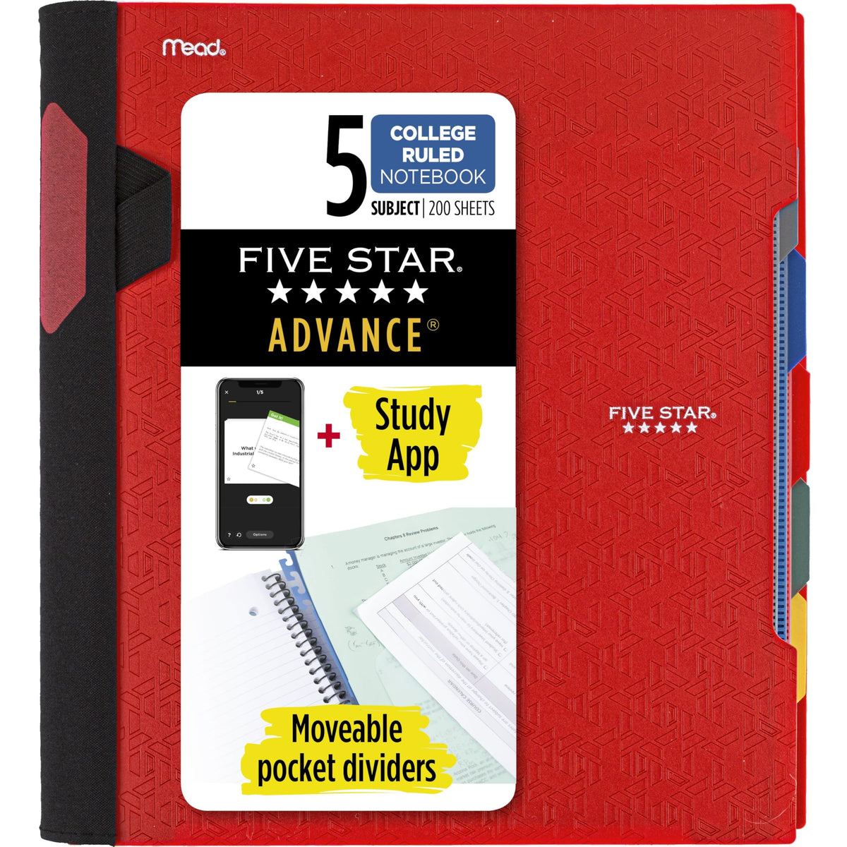 Five Star Advance Spiral Notebook + Study App, 5 Subject, College Ruled Paper, 8-1/2" x 11", 200 Sheets, Spiral Guard, Movable Tabbed Dividers, Fire Red (73146)