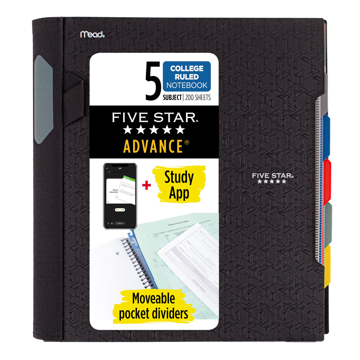 Five Star Advance Spiral Notebook + Study App, 5 Subject, College Ruled Paper, 8-1/2" x 11", 200 Sheets, Spiral Guard, Movable Tabbed Dividers, Fire Red (73146)