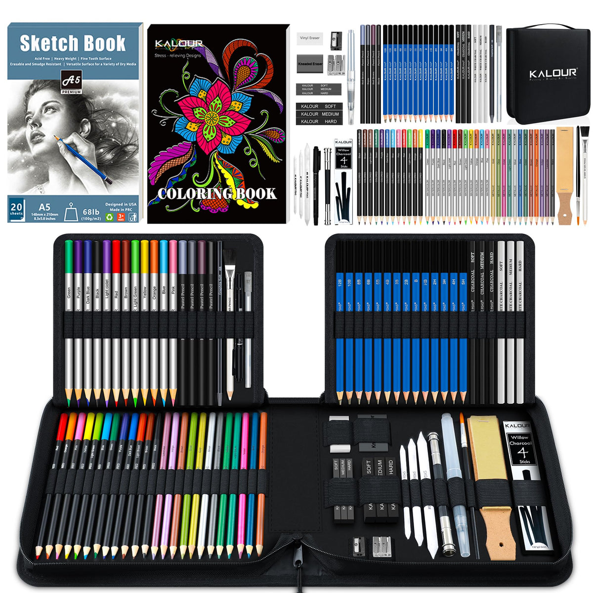 KALOUR 76 Drawing Sketching Kit Set - Pro Art Supplies with Sketchbook & Watercolor Paper - Include Tutorial,Pastel,Watercolor,Sketch,Colored,Metallic,Charcoal Pencils - for Artists Beginners Adults