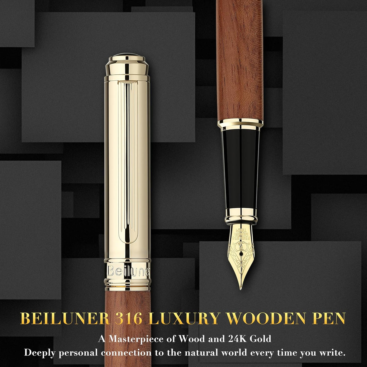 BEILUNER 316 Fountain Pen,Stunning Luxury,24K Gilded Nib(Fine)-Rosewood