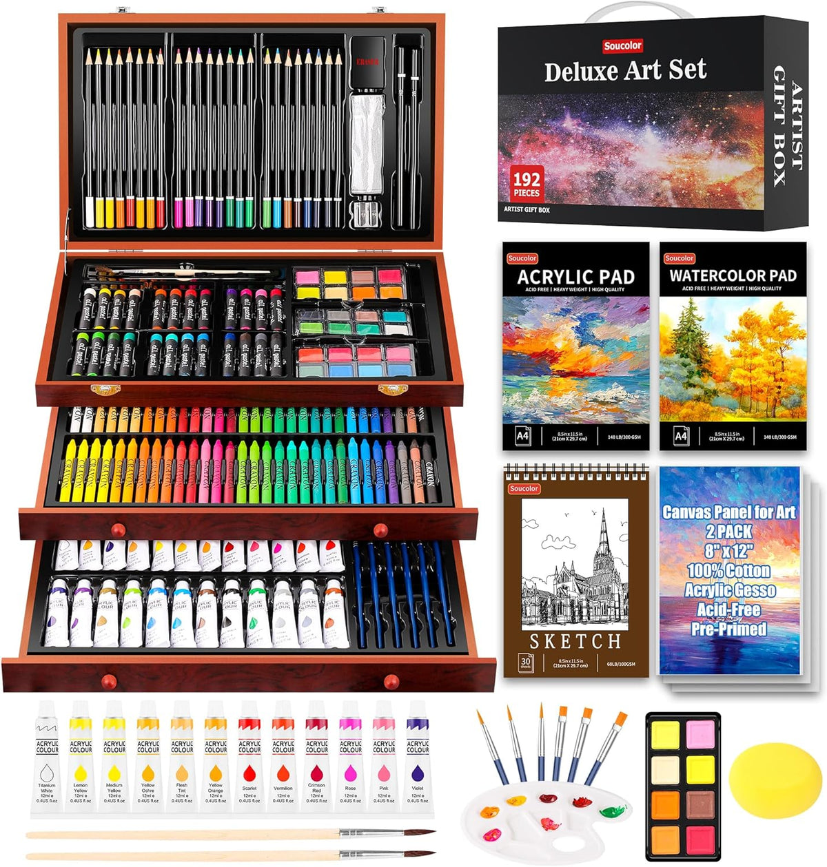 Soucolor Art Supplies,192 Pack Deluxe Art Set Drawing Painting Supplies Kit
