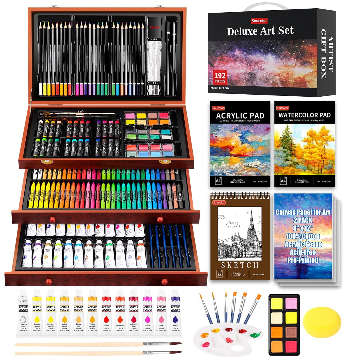 Soucolor Art Supplies,192 Pack Deluxe Art Set Drawing Painting Supplies Kit