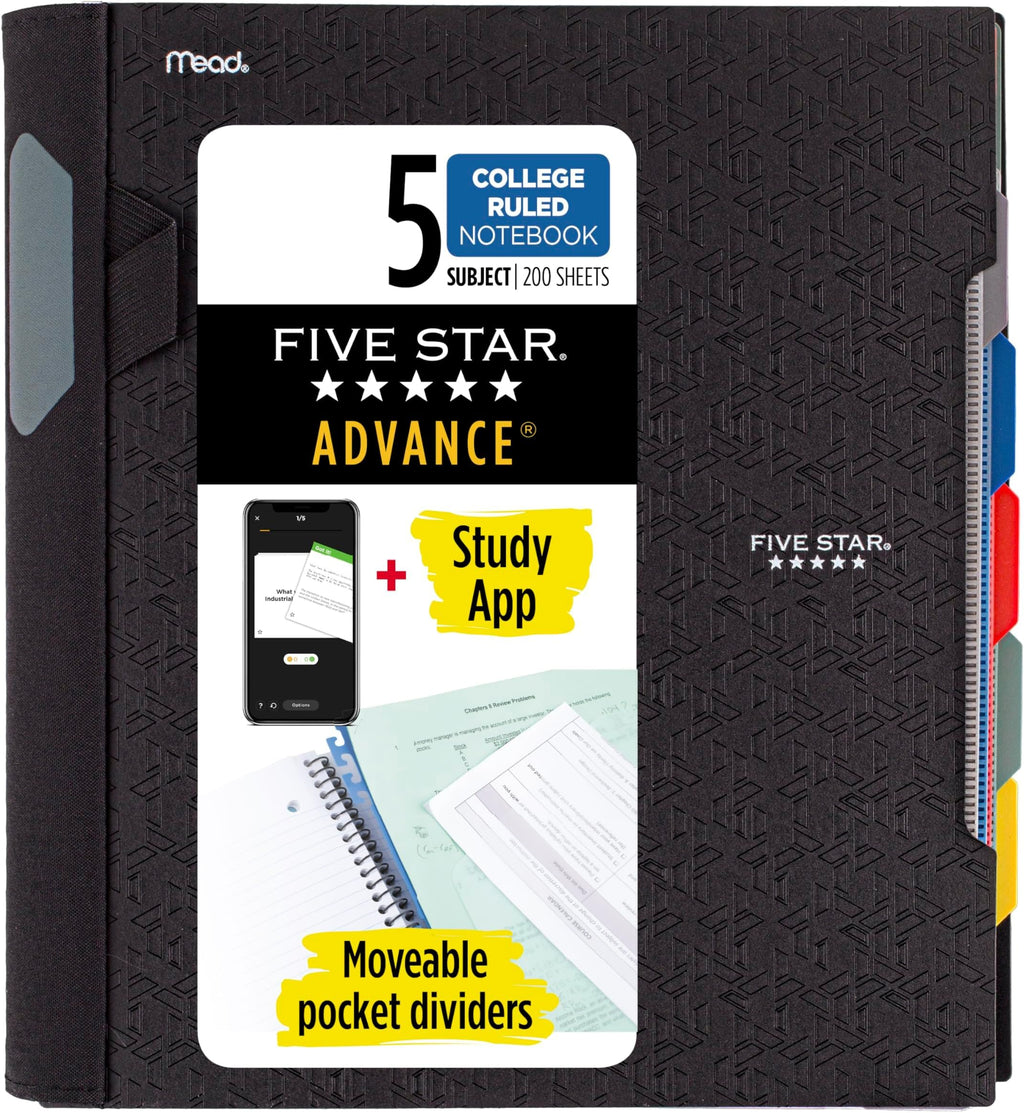 Five Star Advance Spiral Notebook + Study App, 5 Subject, College Ruled Paper, 8-1/2" x 11", 200 Sheets, Spiral Guard, Movable Tabbed Dividers, Fire Red (73146)