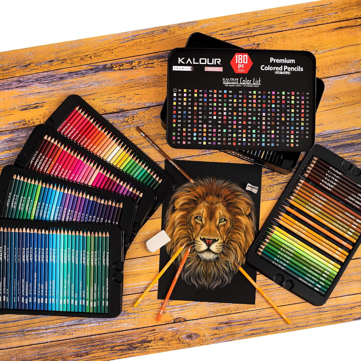 KALOUR 180 Colored Pencil Set for Adults Artists - Rich Pigment Soft Core -12 Metallic Pencil - Ideal for Coloring Drawing Sketching Shading Blending - Vibrant Color（Tin Case）