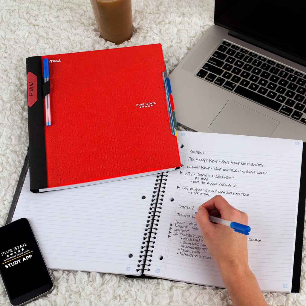 Five Star Advance Spiral Notebook + Study App, 5 Subject, College Ruled Paper, 8-1/2" x 11", 200 Sheets, Spiral Guard, Movable Tabbed Dividers, Fire Red (73146)