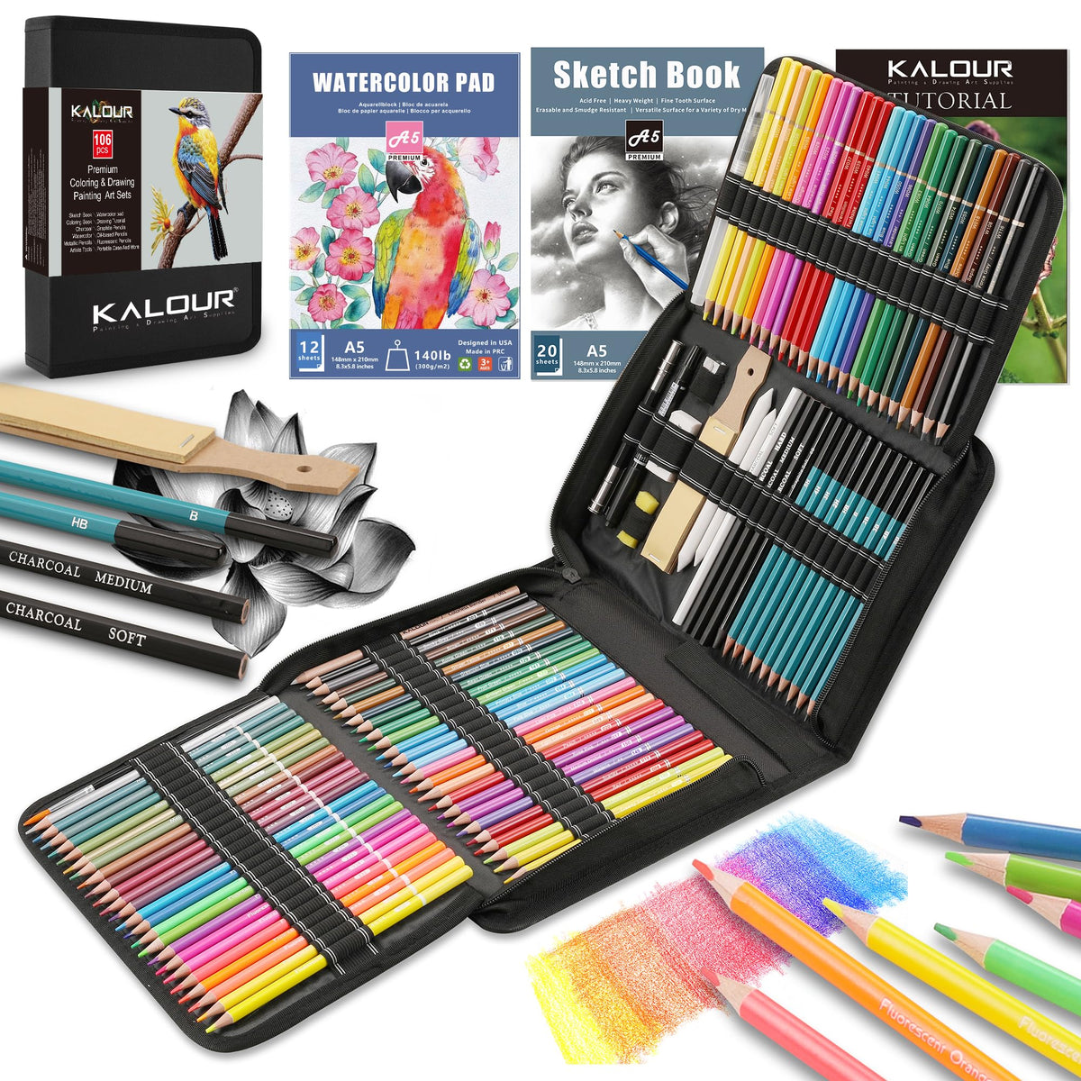 KALOUR 76 Drawing Sketching Kit Set - Pro Art Supplies with Sketchbook & Watercolor Paper - Include Tutorial,Pastel,Watercolor,Sketch,Colored,Metallic,Charcoal Pencils - for Artists Beginners Adults