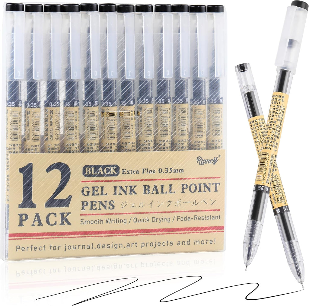 Japanese Style Black Gel Ink Pens, 0.35mm Extra Fine Point Japanese Stationery, No Smudge Quick Drying for Journal Planners Thin Notebook Paper, Office School Supplies, 12 Pack Writing Drawing