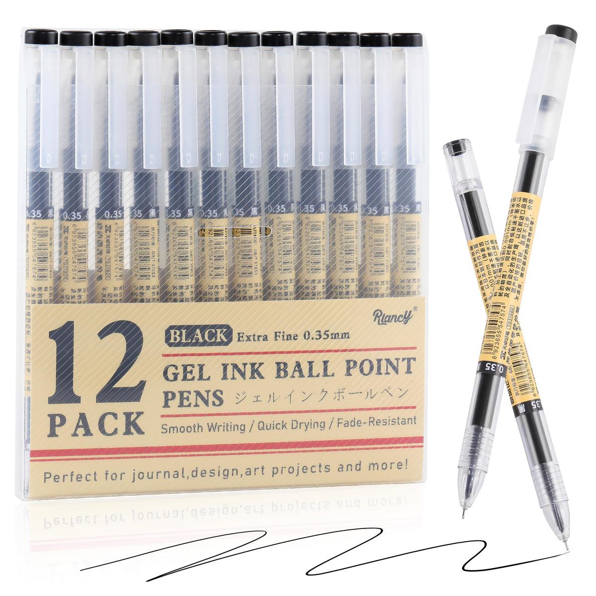 Japanese Style Black Gel Ink Pens, 0.35mm Extra Fine Point Japanese Stationery, No Smudge Quick Drying for Journal Planners Thin Notebook Paper, Office School Supplies, 12 Pack Writing Drawing