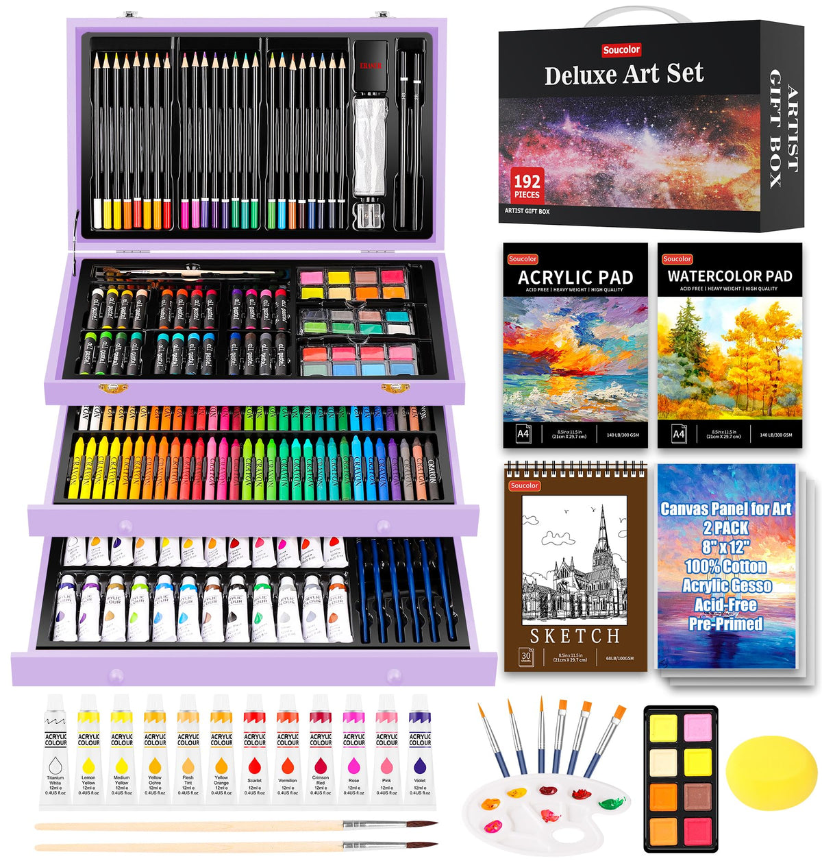 Soucolor Art Supplies,192 Pack Deluxe Art Set Drawing Painting Supplies Kit